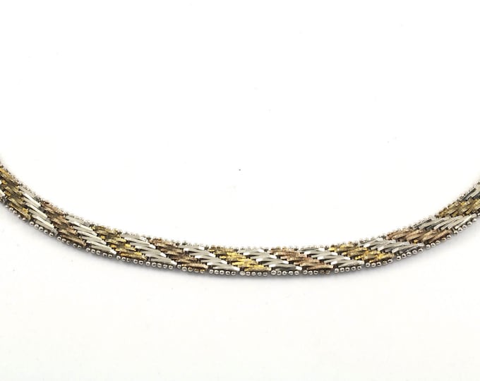 Vintage 16 Inch Three Tone Herringbone Style Chain Necklace 925 Sterling Silver NC 777