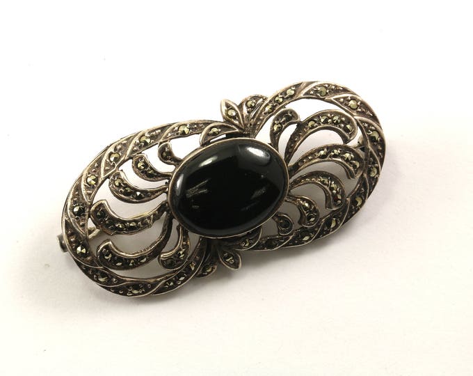 Vintage Scroll Design Onyx Marcasite Pin/Brooch 925 Sterling BB 1052