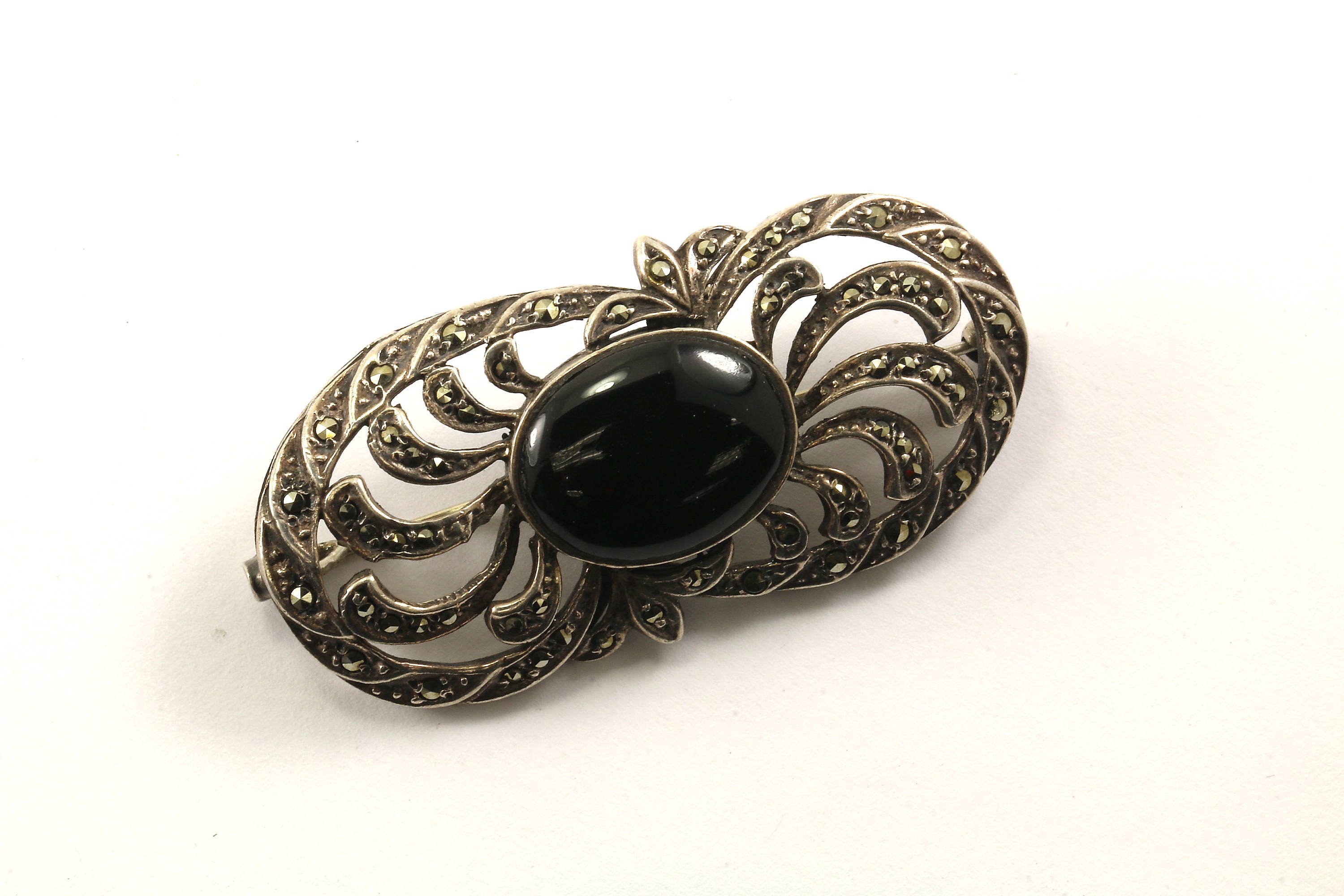 Vintage Scroll Design Onyx Marcasite Pin/brooch 925 Sterling