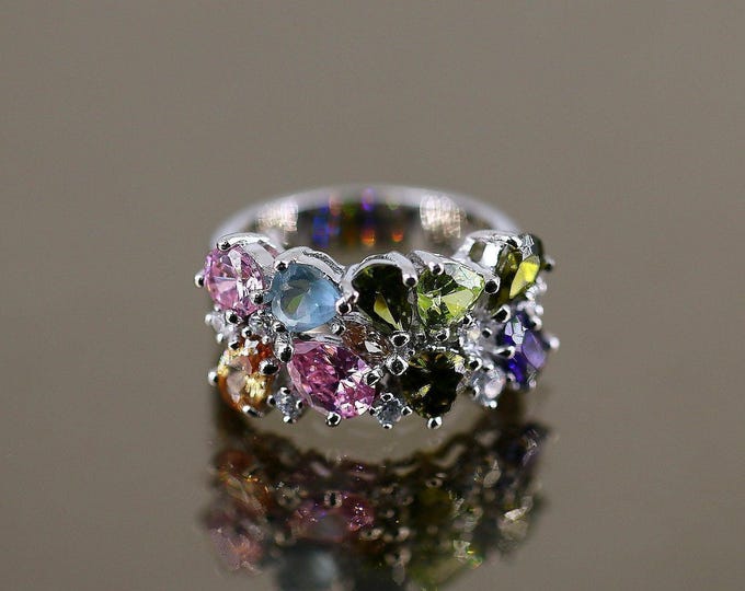 Vintage Multi Color Sparkling Crystals CZ Design Ring 925 Sterling Silver Size 8 RG 4395