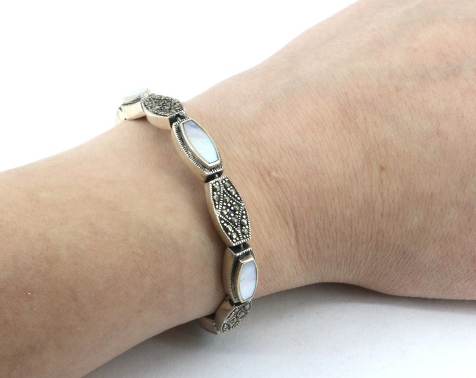Vintage Mother Of Pearl & Marcasite Bracelet 925 Sterling Silver Bracelet | BR 2860