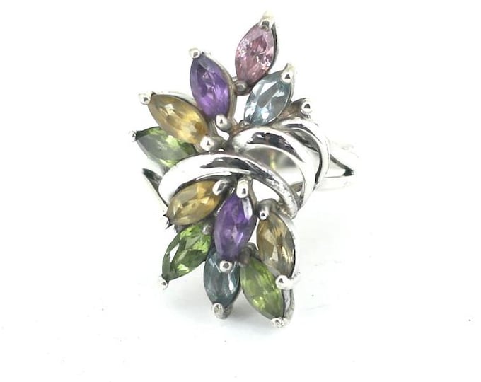 Vintage Gorgeous Cocktail Multi Color Blue Topaz & Amethyst Crystal Flower Floral Design Statement Ring 925 Sterling Silver RG 825