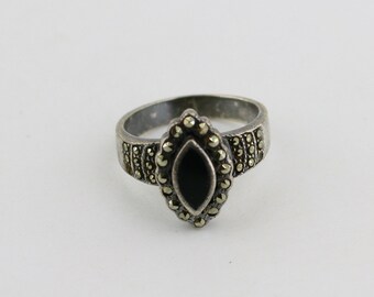 Vintage Size 7.5 Marquise Black Onyx Marcasite Stones