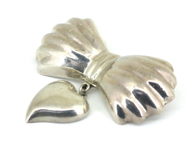 Vintage Handmade Large Bow Tie & Heart Brooch Pin Sterling Silver 925 BB 272