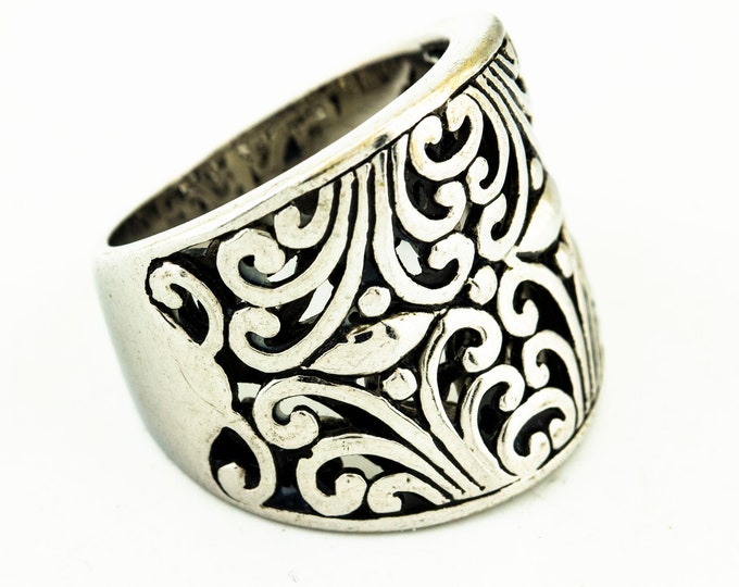 Size 7 Abstract Floral Shapes Cutout Design Vintage Wide Statement Ring for Women 925 Sterling Silver RG 3937Q