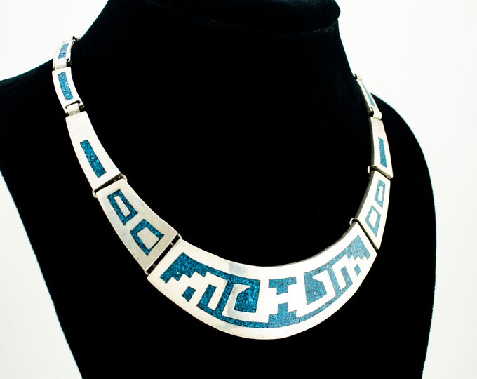 Mexico Blue Turquoise Stone Maze Design Vintage Ethnic Pendant Necklace 925 Sterling Silver NC 1911