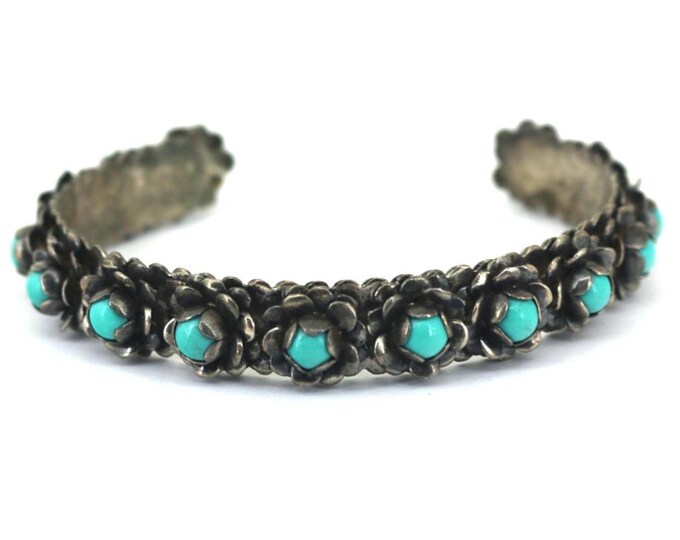 Vintage Turquoise Flower Cuff Bracelet 925 Sterling Silver BR 192