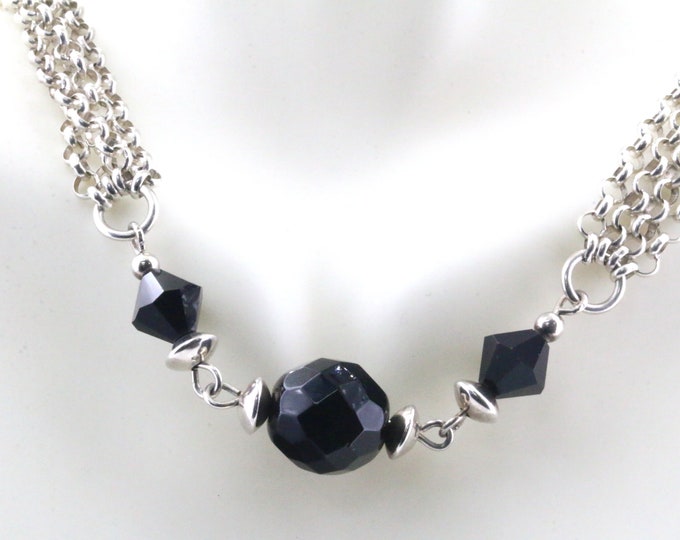 Vintage 16 Inch Black Crystals Necklace &  four stand rolo chain 925 Sterling Silver NC 852