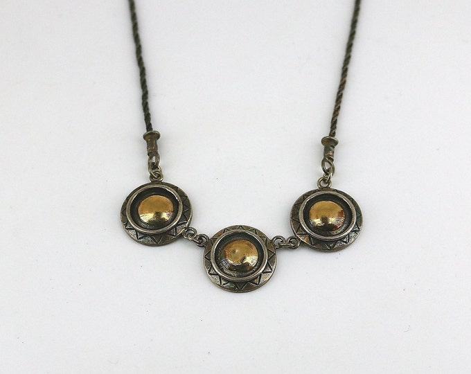 Vintage Three Shiny Flat Round Circles With 14 k Yellow Gold Beads Beaded Israel Design Necklace 925 Sterling Silver NC 1446