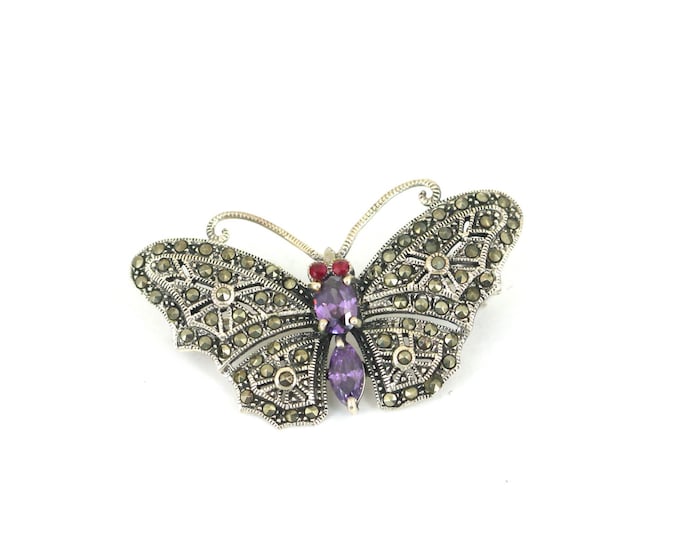 Vintage Butterfly Purple Crystal & Marcasite Pin/Brooch 925 Sterling Silver BB 1906
