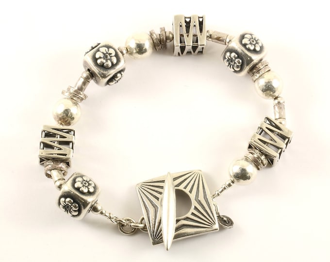 Vintage Flower Floral Beaded Charm Design Link Toggle Bracelet 925 Sterling BR 2132