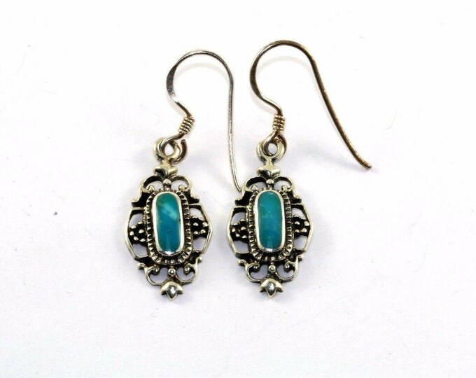 Vintage Floral Ornate Turquoise  Drop/dangle Earrings Sterling 925 Silver Er 30