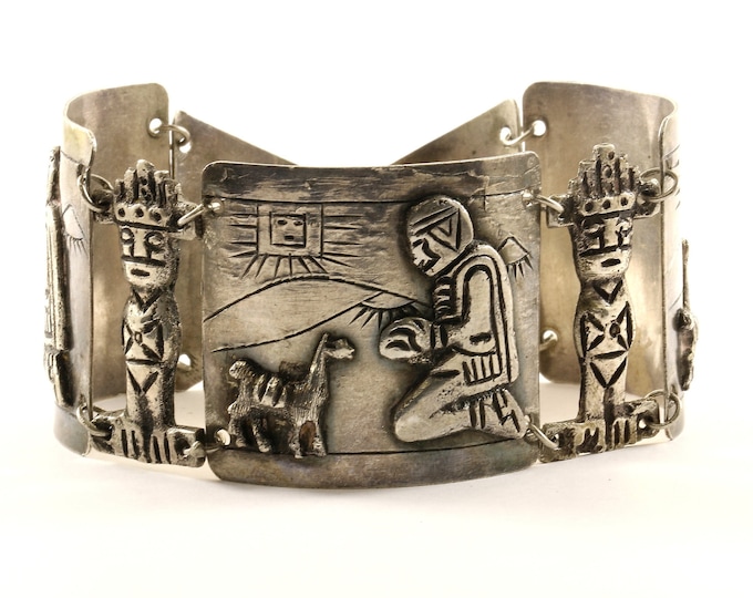 Vintage Handmade Peru Peruvian Lama Design Link Bracelet Sterling Silver BR 2555