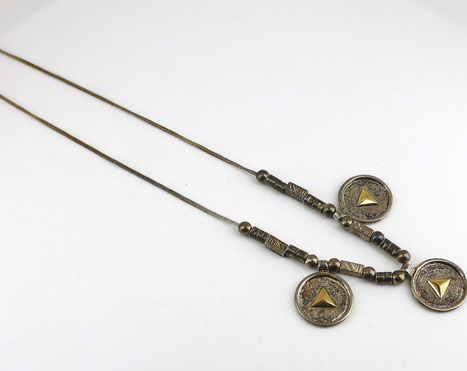 Vintage Three Shiny Flat Round Circles With Yellow Gold Triangles Beads Beaded Israel Design Necklace 925 Sterling Silver NC 140