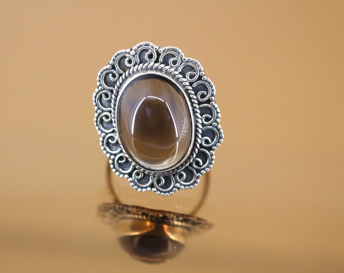 Vintage Size 7.75 Oval Smoky Brown Quartz Design Ring 925 Sterling Silver RG 4320