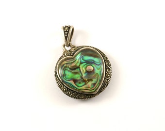 Vintage Heart Love Double Sided Abalone Shell Marcasite Design Pendant 925 Sterling  PD 2221