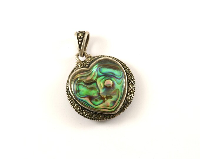 Vintage Heart Love Double Sided Abalone Shell Marcasite Design Pendant 925 Sterling  PD 2221