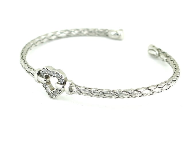 Vintage Italy Inlaid CZ Heart Cuff Bracelet  Sterling 925 Silver BR 3703