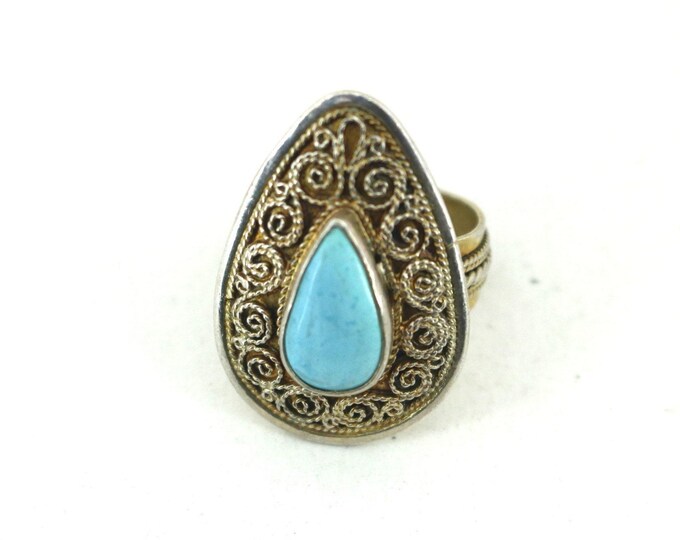 Vintage Adjustable Blue Stone Filigree Sterling 925 Silver Ring RG 4343