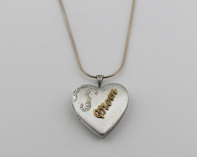 Vintage 14K Yellow Gold Word Mom Puffy Heart Locket Design Necklace 925 Sterling Silver NC 2011S