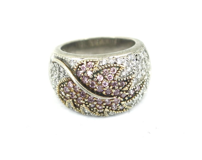 Vintage Beautiful Pink Leaf Leaves Crystals CZ Cocktail Design Ring 925 Sterling RG 3342
