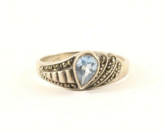 Vintage Marcasite Blue Crystal Floral Design Ring 925 Sterling Silver RG 3836