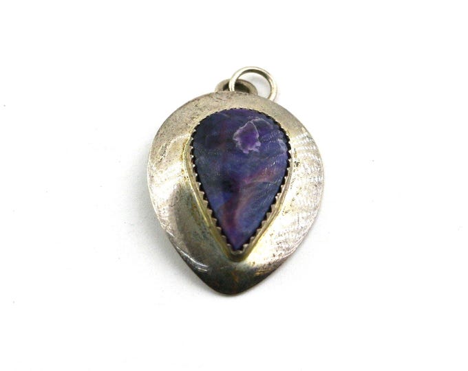 Vintage NE Stamped Navajo Teardrop Pear Shape Purple Turquoise Stone Design Pendant 925 Sterling PD 2741S