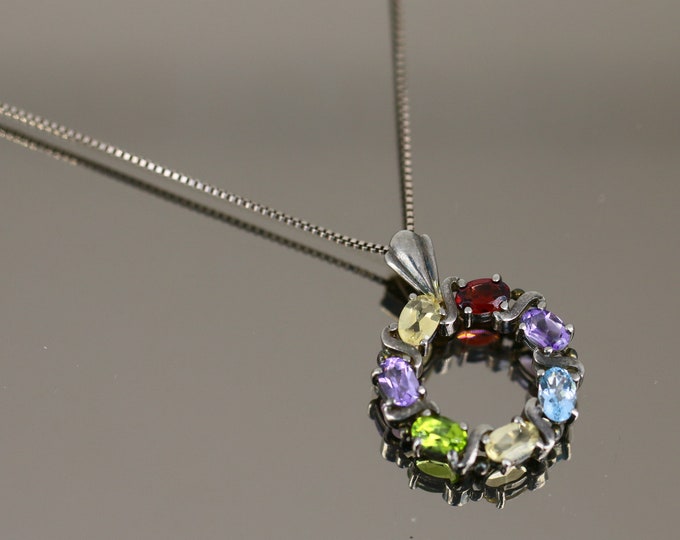 Vintage Beautiful Multi Color Crystals Open Round Design Necklace 925 Sterling NC 403