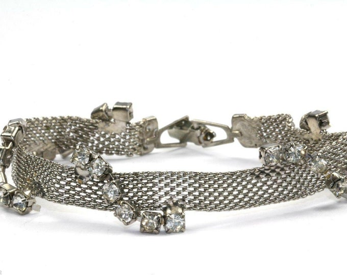 Vintage Wavy Crystals Design Mesh Chain Bracelet 925 Sterling Br 1433(123759770728)