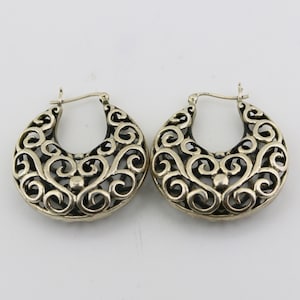 Vintage Large Heavy Round Scroll Twisted Thailand Design Hoop Earrings Sterling 925 ER 1308R