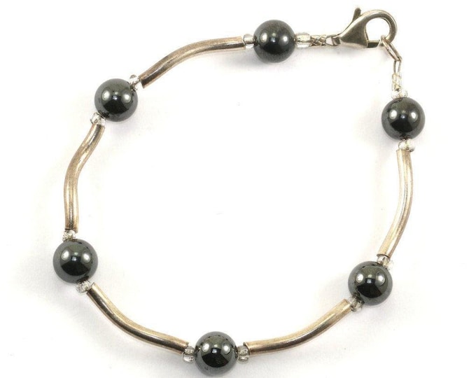 Vintage Black Grey Agate Beads Wave Design Bracelet 925 Sterling Silver Br 416