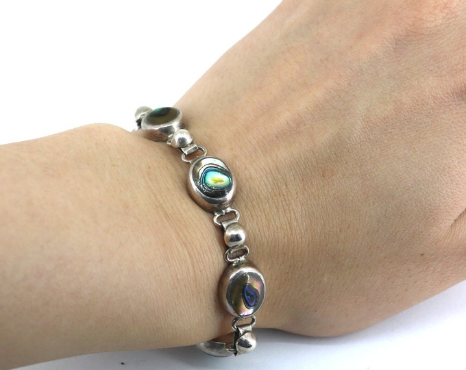 Vintage Natural Abalone Stone Link Bracelet 925 Sterling BR 314