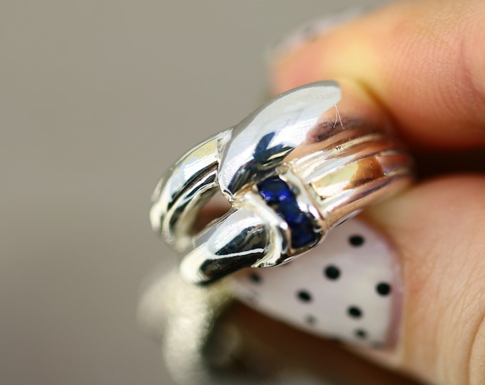 Vintage Size 6.5 14K Gold Twisted Knot Sapphire Color Crystals Design Ring 925 Sterling Silver RG 1290