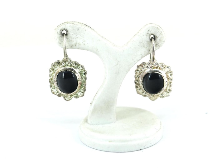 Vintage Elegant Black Onyx Lever Back  Earrings Sterling Silver ER 798