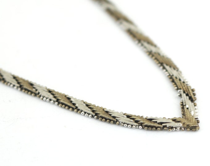 Vintage 16 Inch Italy Collectible Thin Two Tone Herringbone Design Chain Necklace 925 Sterling NC 890