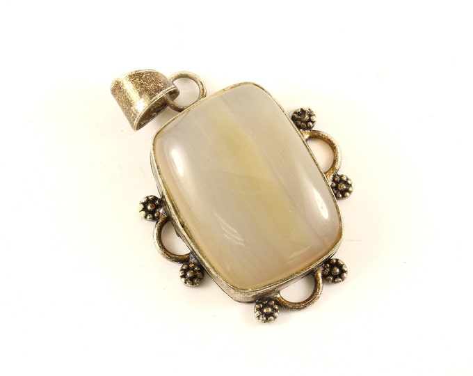 Vintage Large Agate Chalcedony Stone Pendant 925 Sterling PD 1285