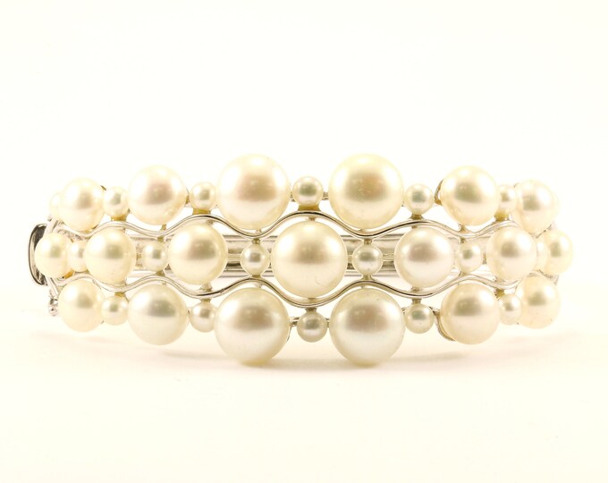 Vintage Faux Pearls Design Bangle Bracelet 925 Sterling BR 2515