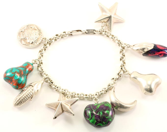 Vintage Star Design Enamel Charm Chain Bracelet 925 Sterling BR 2003