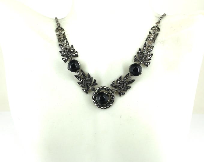 Vintage Black Onyx Stone Framed w/ Marcasite Necklace 925 Sterling Silver NC 903