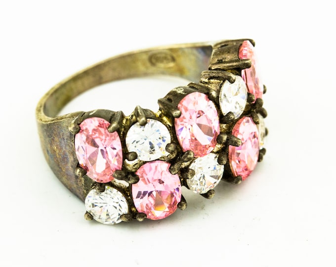 Size 8.25 Five Round White & Five Pink Oval Crystals Design Vintage Women's Cocktail Ring 925 Sterling Silver RG 1044Q