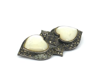 Vintage Double Heart Marcasite & Mother of Pearl Brooch Sterling Silver BB 1004