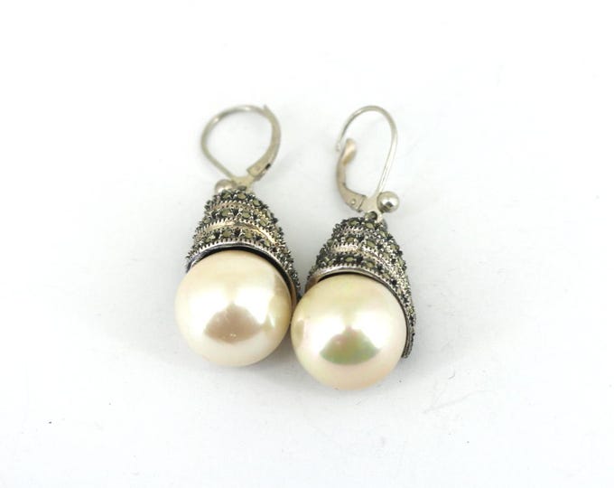 Vintage  Elegant Pearl Imitation & Marcasite Stones Lever Back Earrings 925 Sterling ER 701