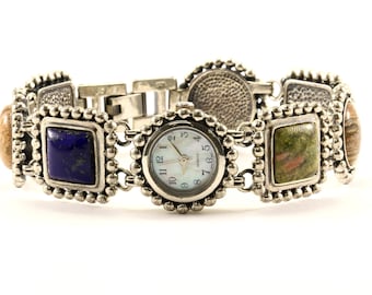 Vintage Japan Quartz Movement Multi Stone Multi Color Link Watch 925 Sterling Silver OT 117