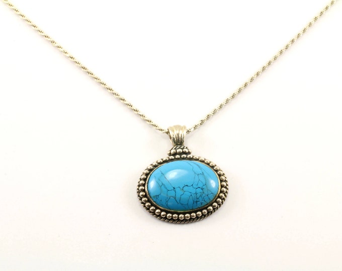 Vintage Large Oval Turquoise Necklace 925 Sterling Silver NC 892