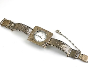 Vintage Artiny Japan Movement Water Resistant Israel Style Hammered Watch 925 Sterling Silver OT 270