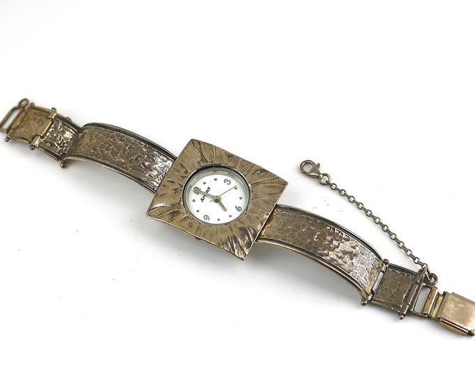 Vintage Artiny Japan Movement Water Resistant Israel Style Hammered Watch 925 Sterling Silver OT 270