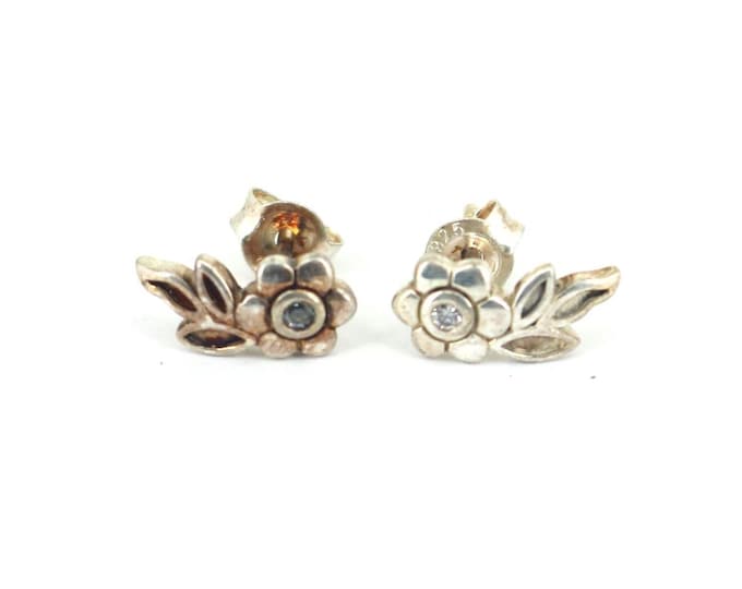 Vintage Flower Inlaid CZ Stud Back Earrings 925 Sterling Silver ER 1649