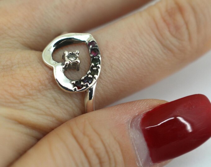 Vintage Lenox  Heart Shape Shiny Multicolor Crystal CZ Design Ring 925 Sterling Silver RG 4640
