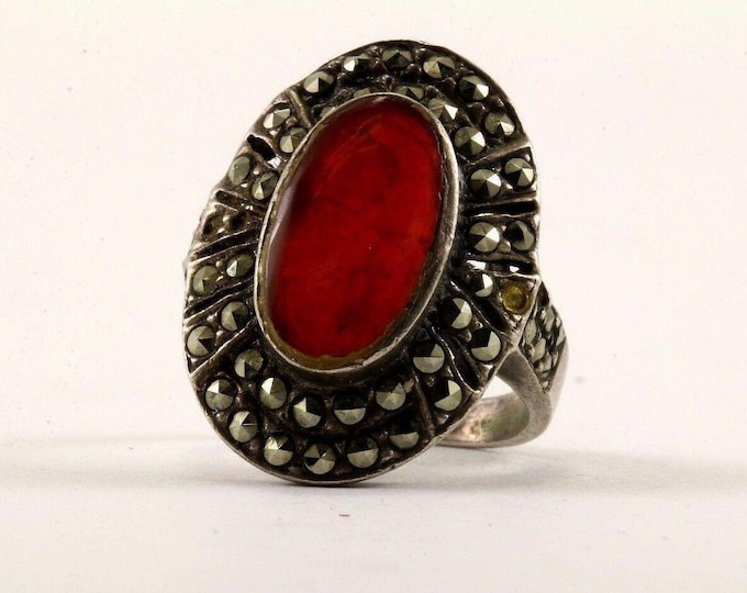 Vintage Size 5.5 Carnelian & Marcasite Cocktail Ring 925 Sterling Rg 2346