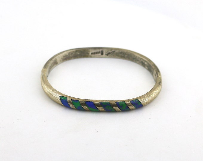 Vintage Mexico Sterling Silver Bangle Bracelet Azurite Malachite Chrysocolla BR 013
